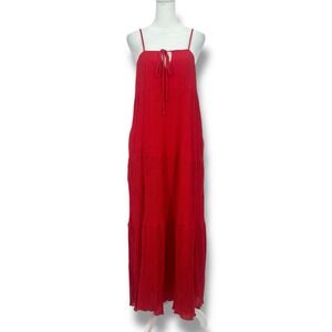 Chelsea28 Women Red Crinkle Maxi Dress Boho Resort Tie‎ Front Spaghetti M